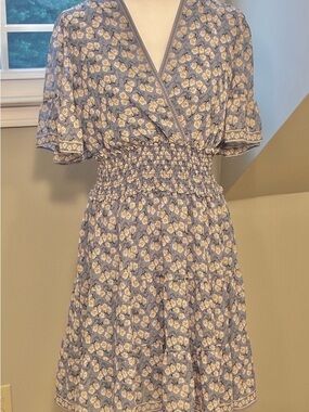 Max Studio Light Blue Floral Smocked-Waist Mini Dress